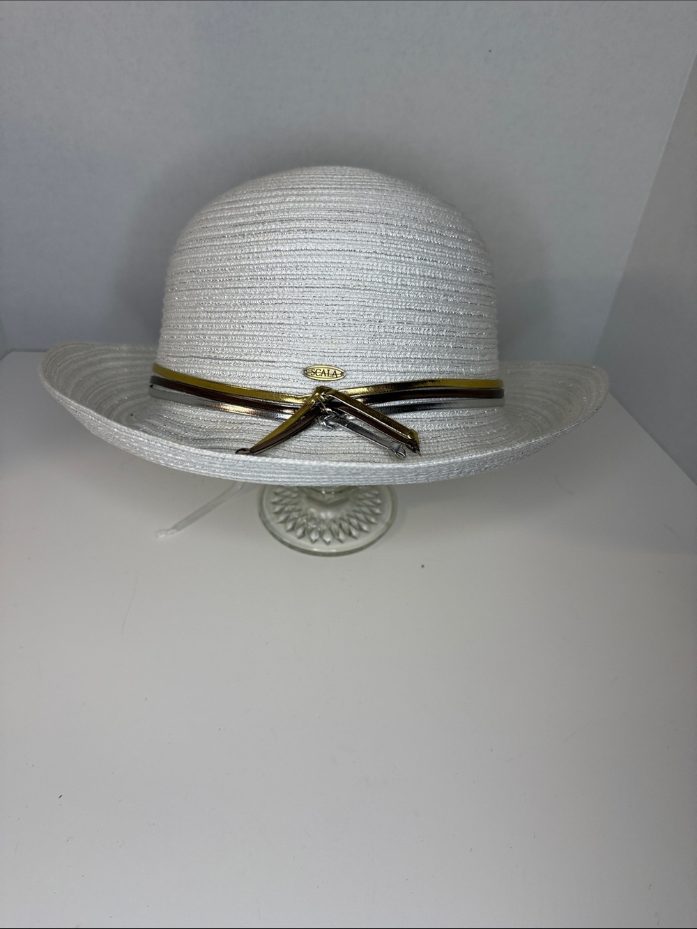 Scala White Straw Sun Hat with Gold Trim